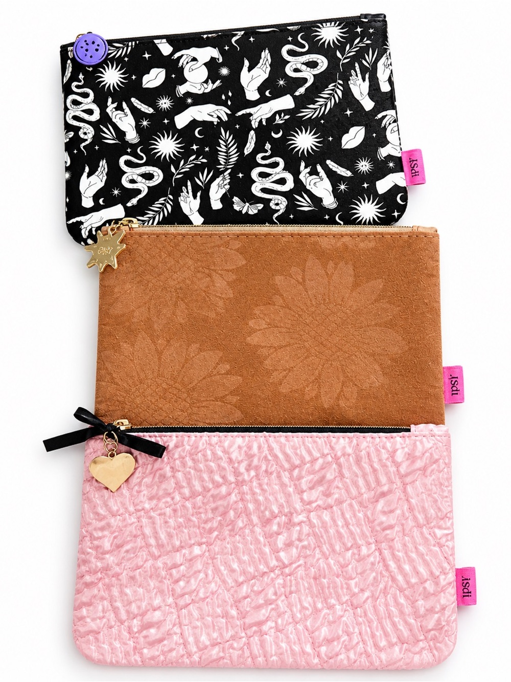 3-Piece Makeup Bag Bundle |Neutral + Textured Cosmetic Pouches Travel Set